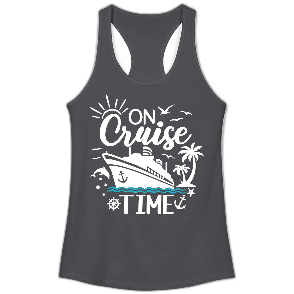 On Cruise Time Ladies Racerback Tank for Vacation in Solid Dark Gray
