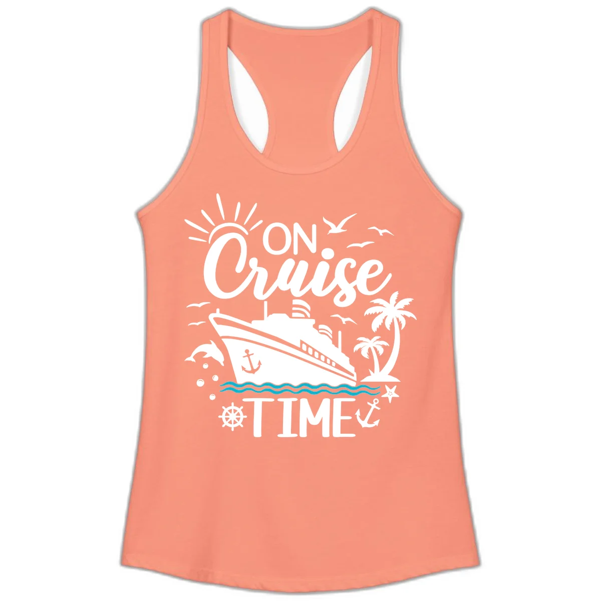 On Cruise Time Ladies Racerback Tank for Vacation in Solid Light Orange