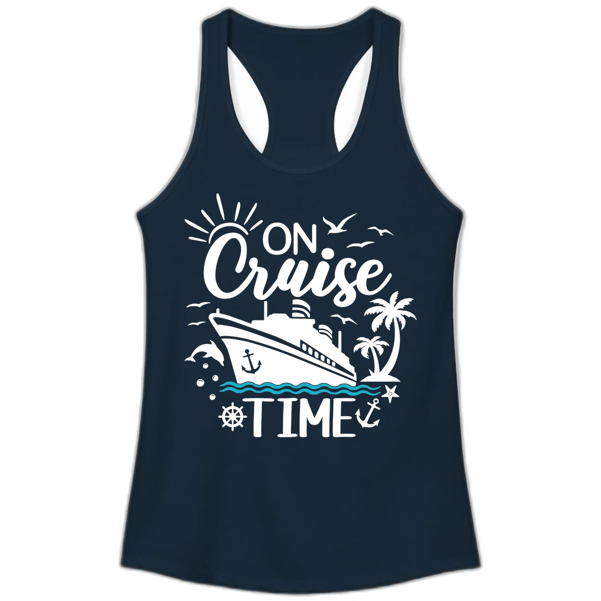 On Cruise Time Ladies Racerback Tank for Vacation in Solid Midnight Navy