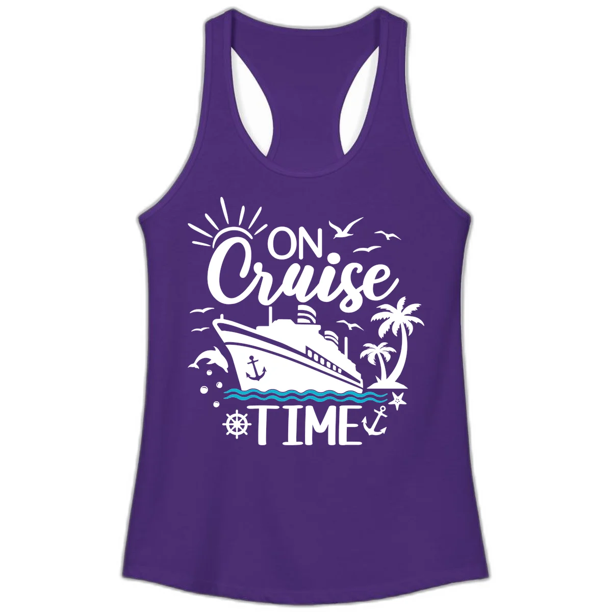 On Cruise Time Ladies Racerback Tank for Vacation in Solid Purple Rush