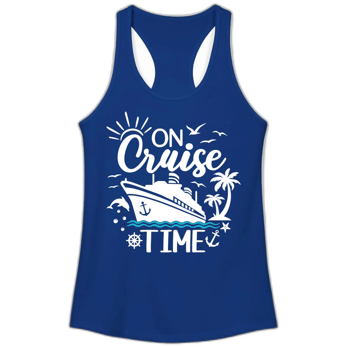 On Cruise Time Ladies Racerback Tank for Vacation in Solid Royal