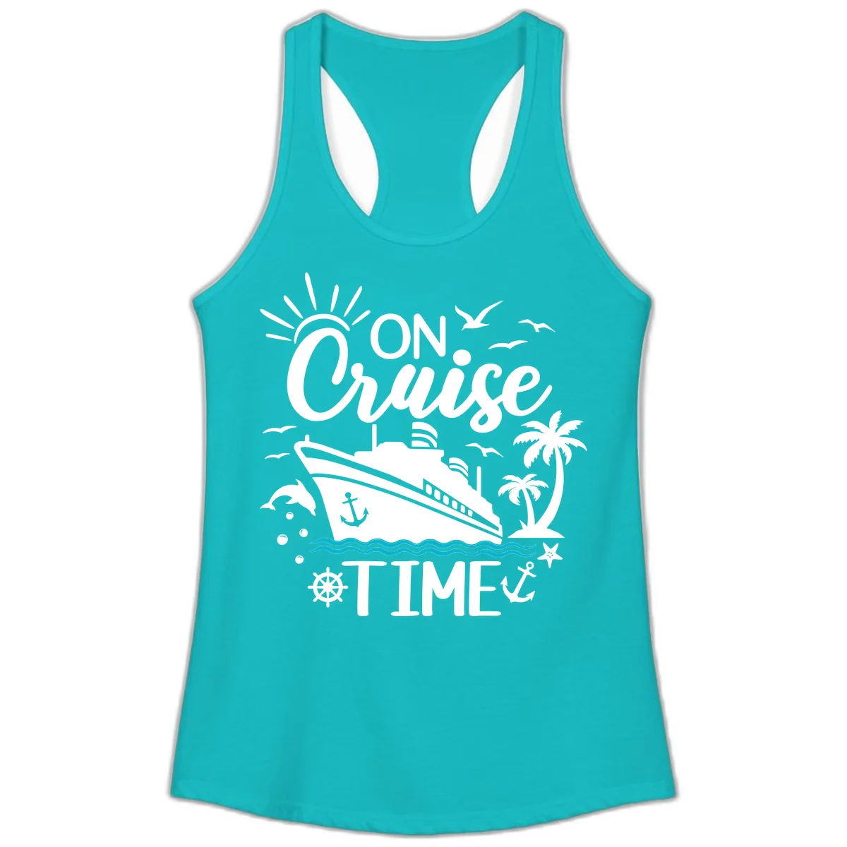 On Cruise Time Ladies Racerback Tank for Vacation in Tahiti Blue