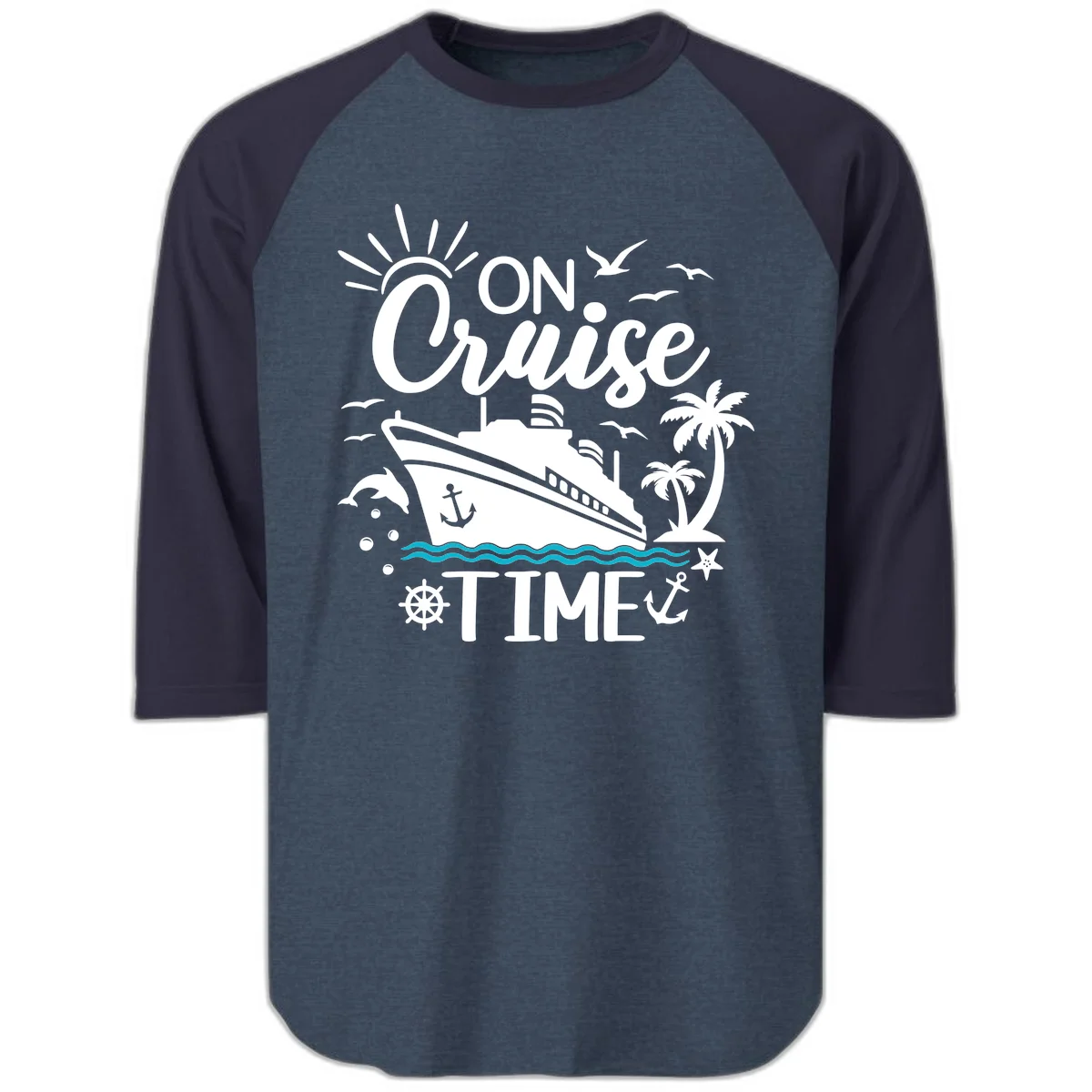 On Cruise Time Raglan 3/4 Tee for Cruise Lovers in Heather Denim Navy