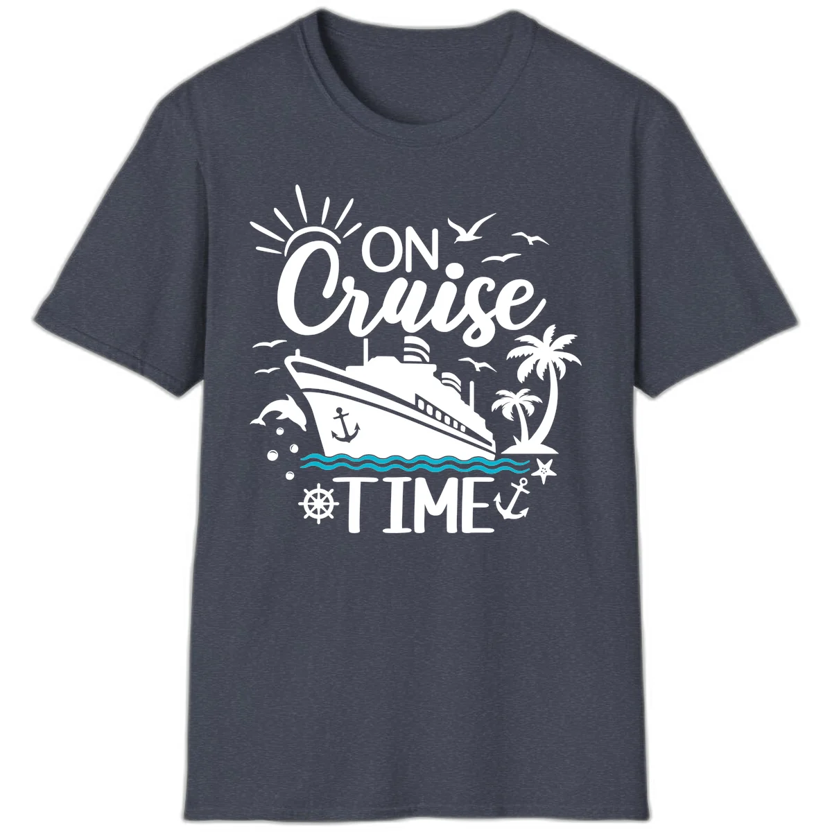 On Cruise Time Nautical Vacation T-Shirt for Lovers in Heather Navy