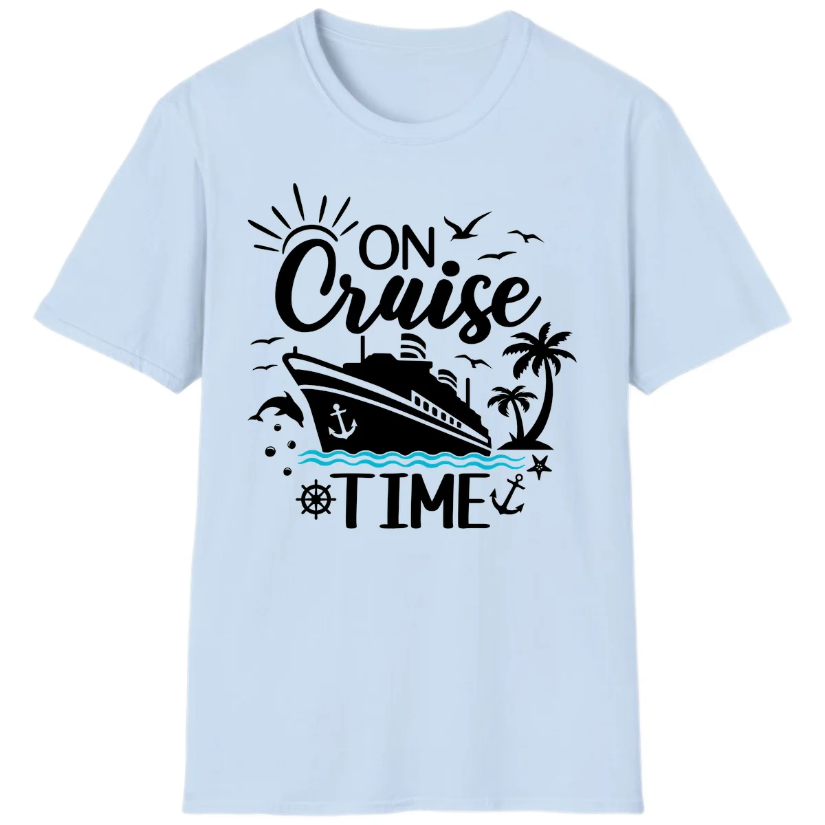 On Cruise Time Nautical Vacation T-Shirt for Lovers in Light Blue