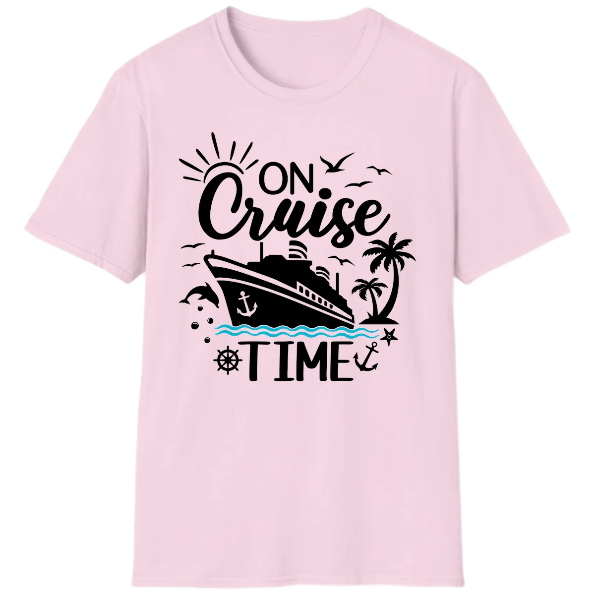 On Cruise Time Nautical Vacation T-Shirt for Lovers in Light Pink