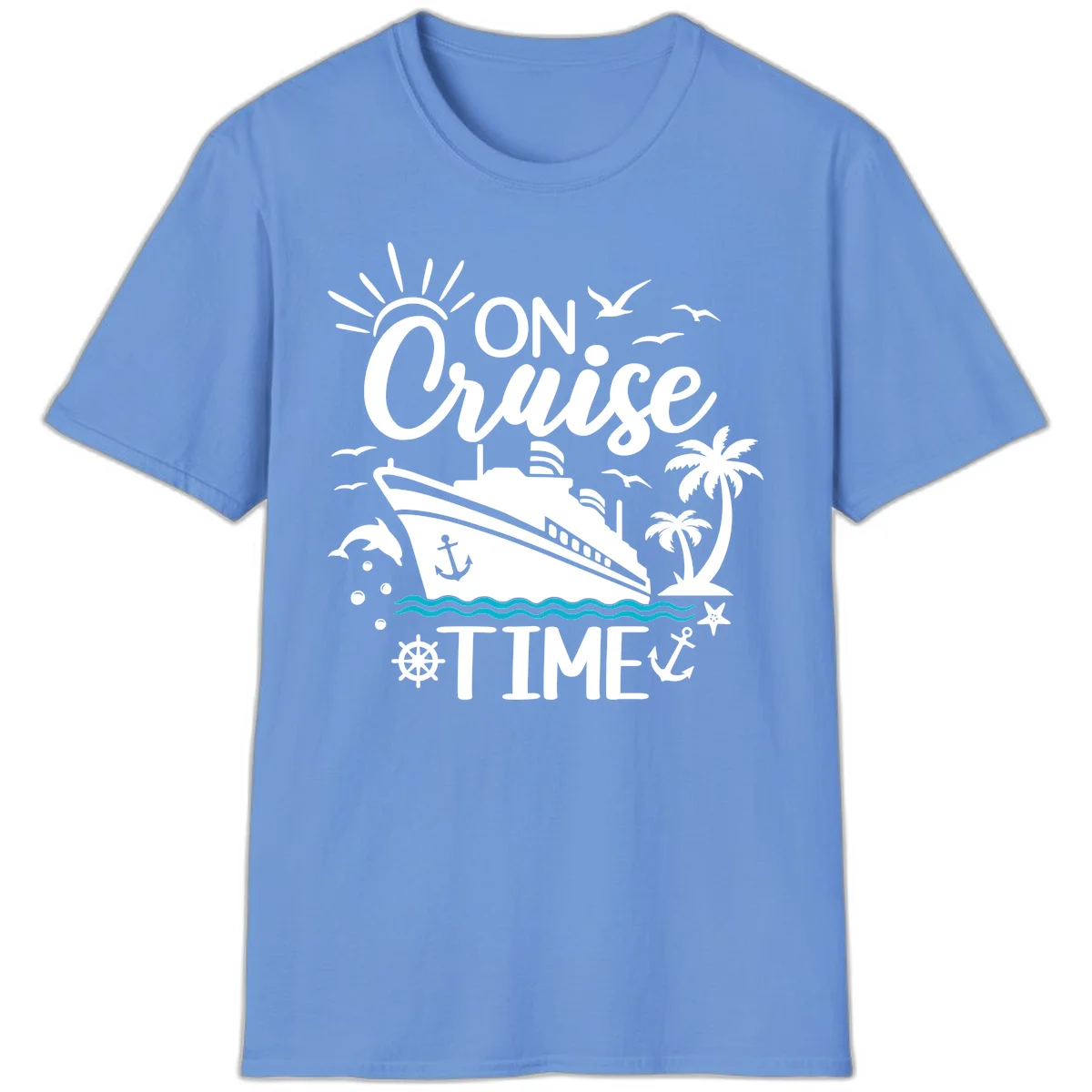 On Cruise Time Nautical Vacation T-Shirt for Lovers in Carolina Blue