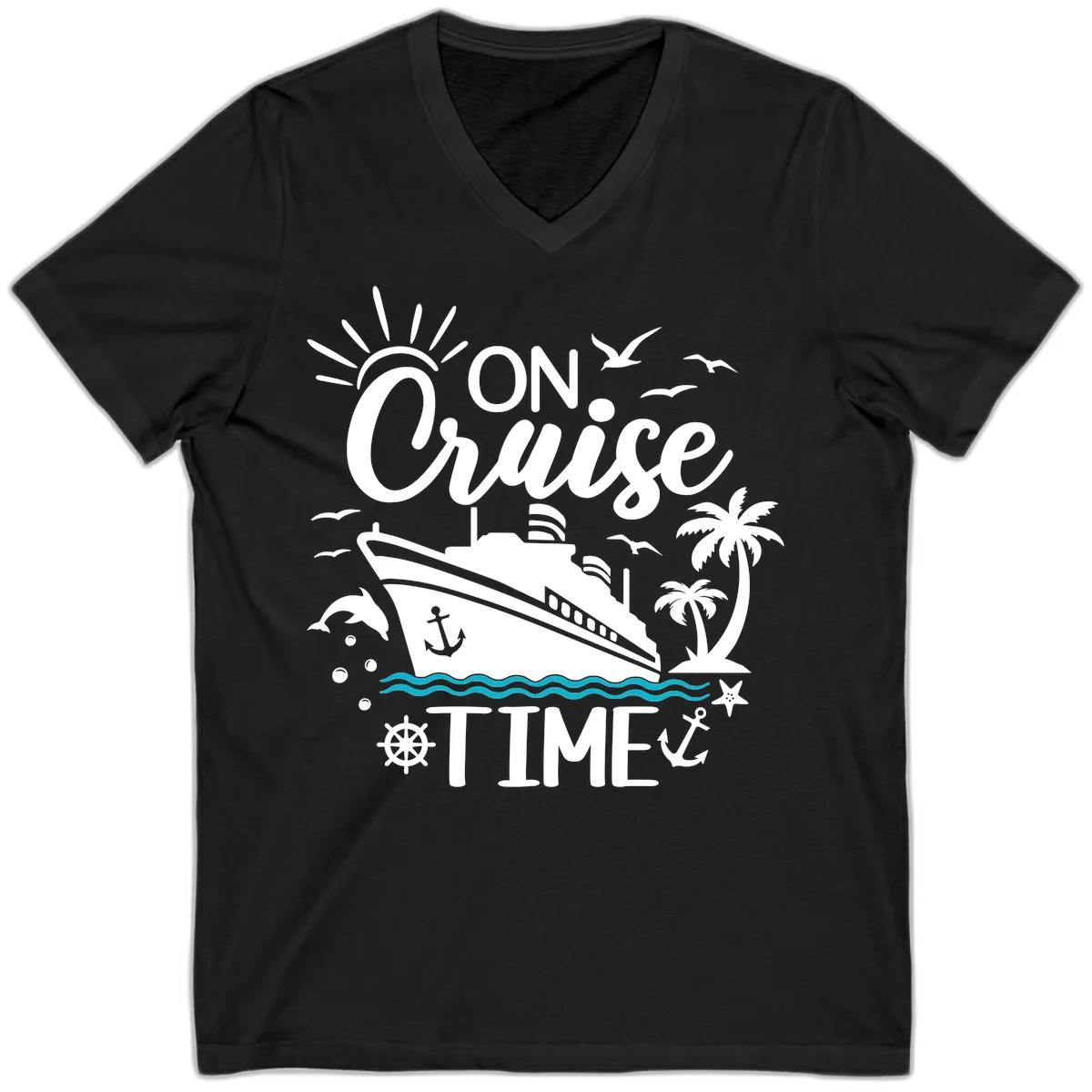 On Cruise Time V-Neck Vacation Tee for Cruise Lovers in Black