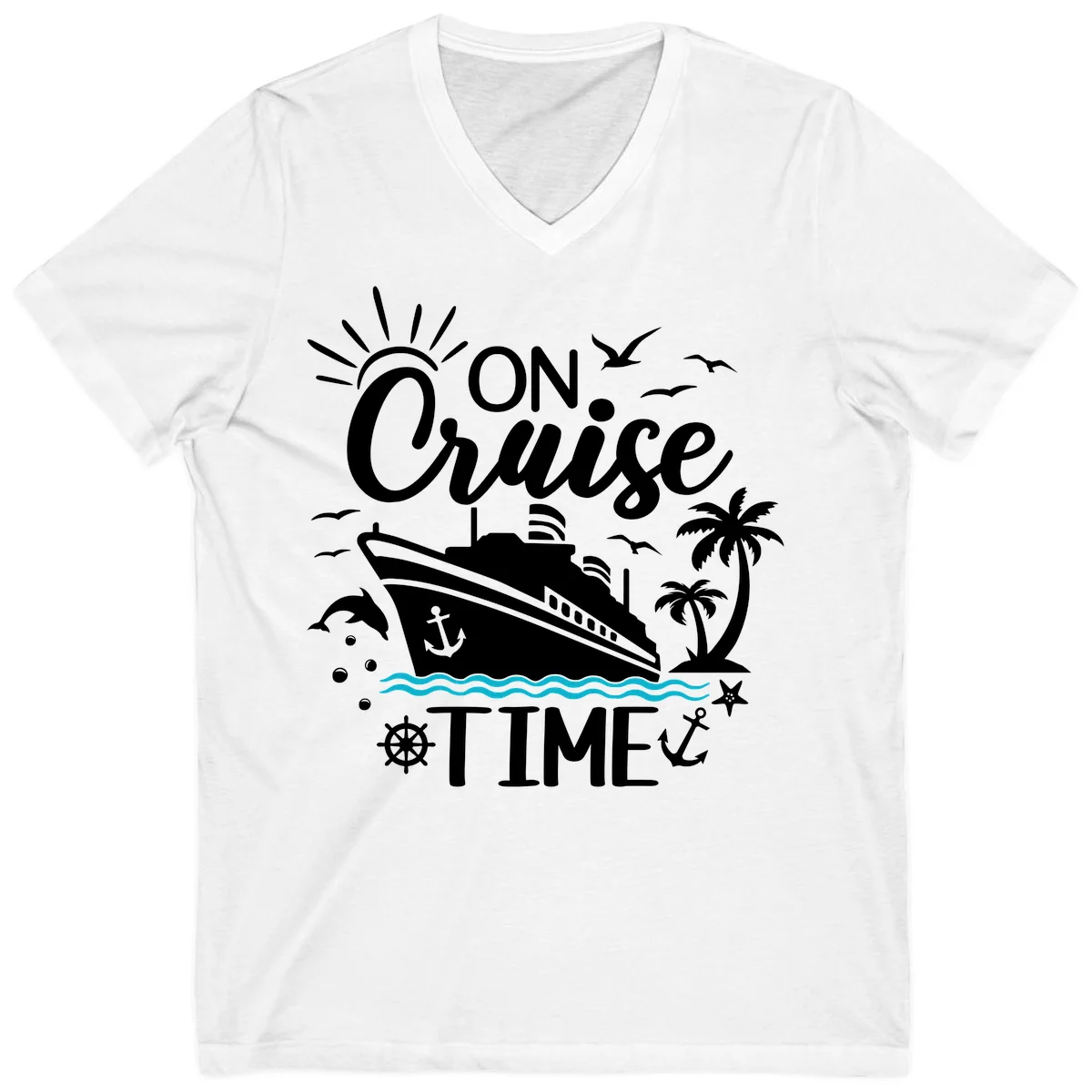 On Cruise Time V-Neck Vacation Tee for Cruise Lovers in White