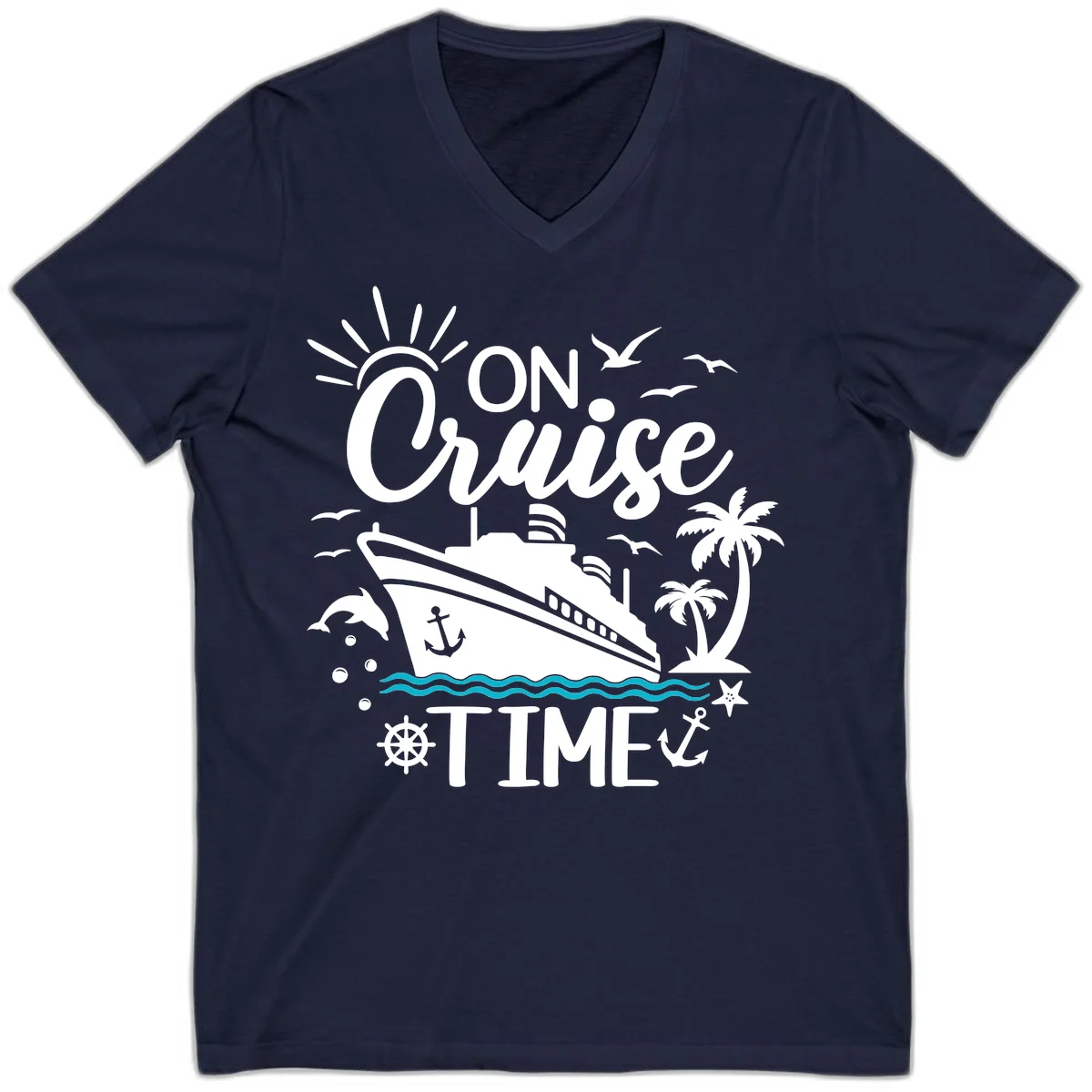 On Cruise Time V-Neck Vacation Tee for Cruise Lovers in Navy