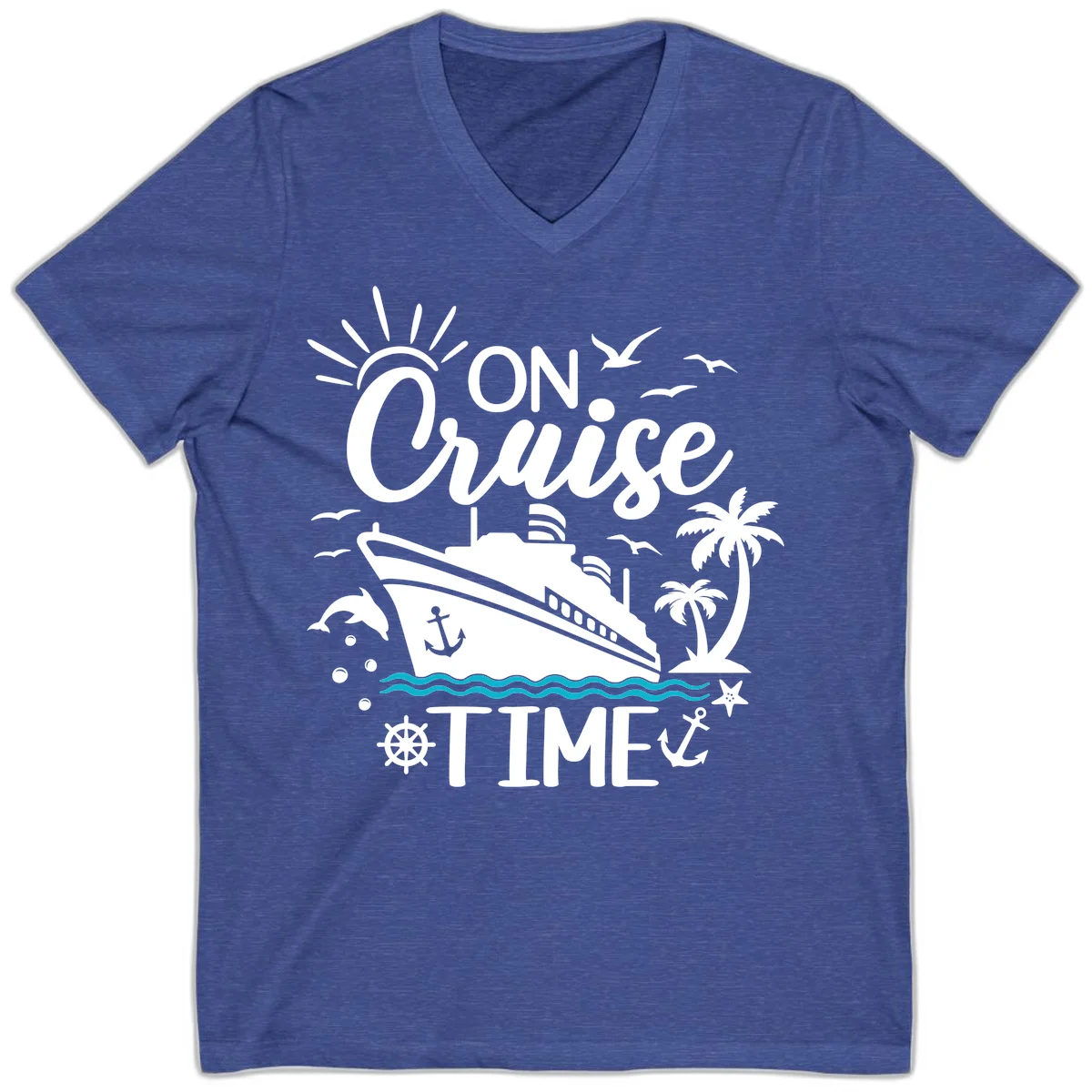 On Cruise Time V-Neck Vacation Tee for Cruise Lovers in Heather True Royal