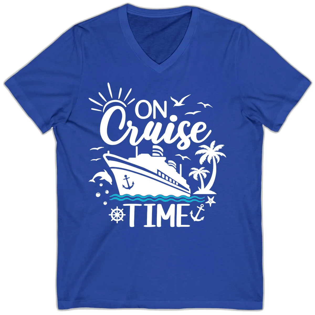 On Cruise Time V-Neck Vacation Tee for Cruise Lovers in True Royal