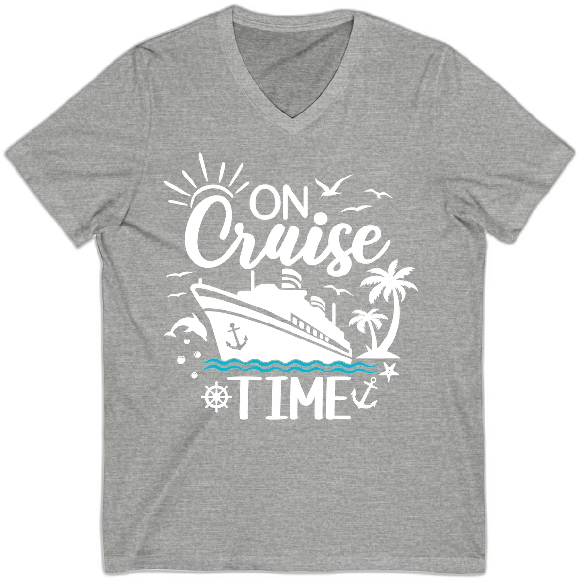 On Cruise Time V-Neck Vacation Tee for Cruise Lovers in Athletic Heather