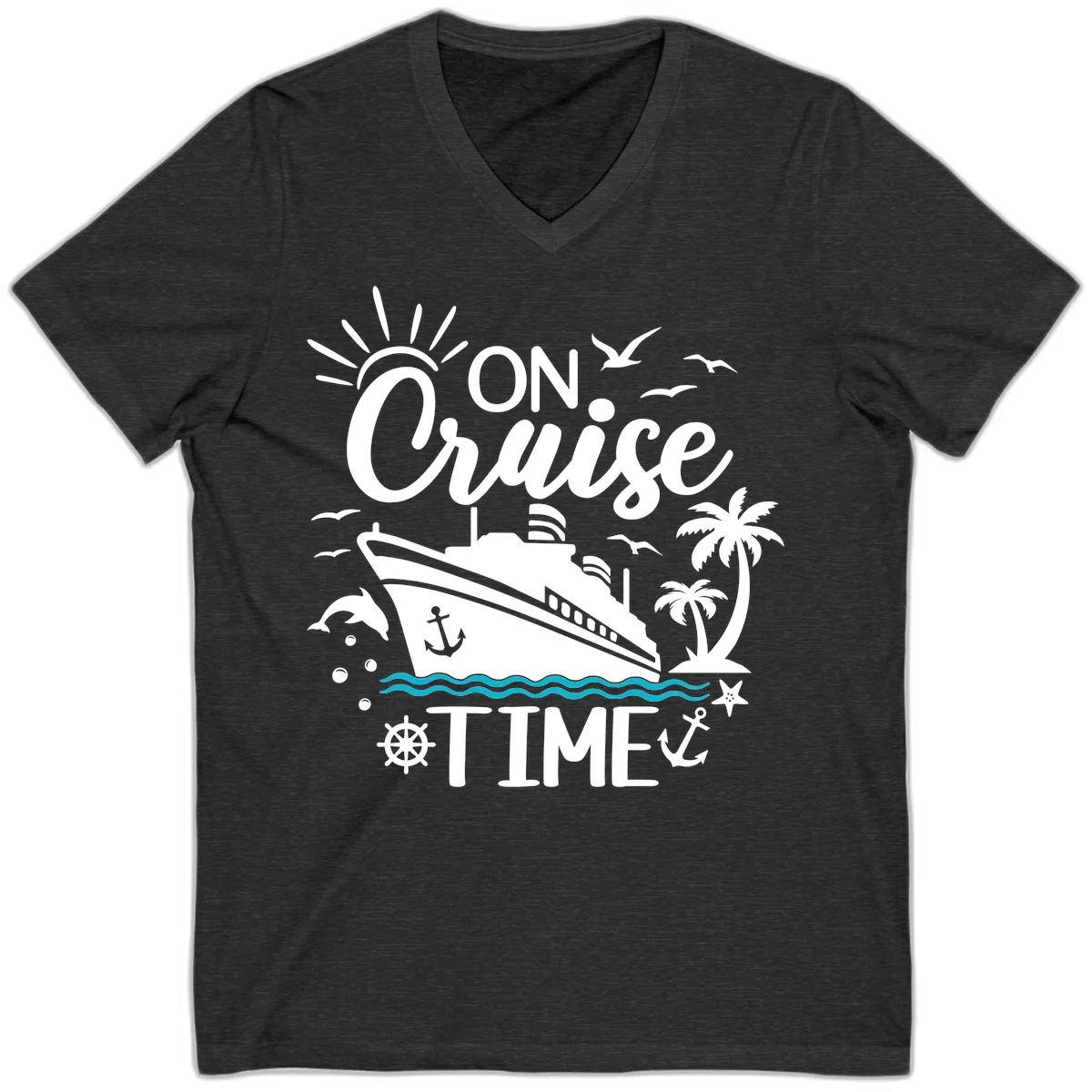 On Cruise Time V-Neck Vacation Tee for Cruise Lovers in Dark Grey Heather