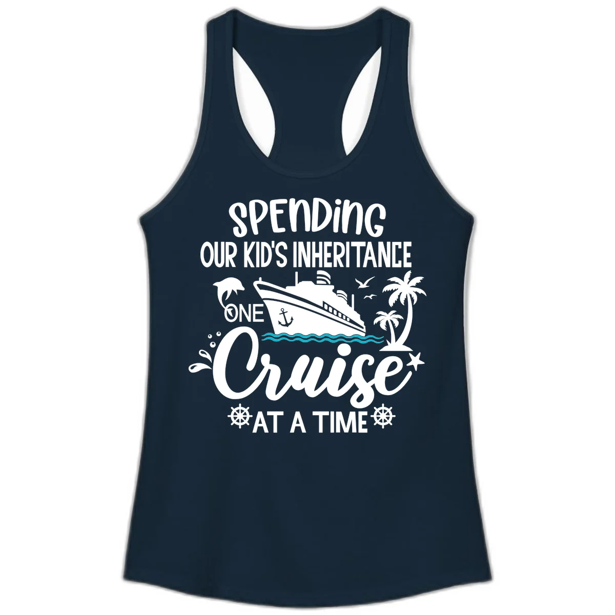One Cruise At A Time Inheritance Ladies Tank in Solid Midnight Navy