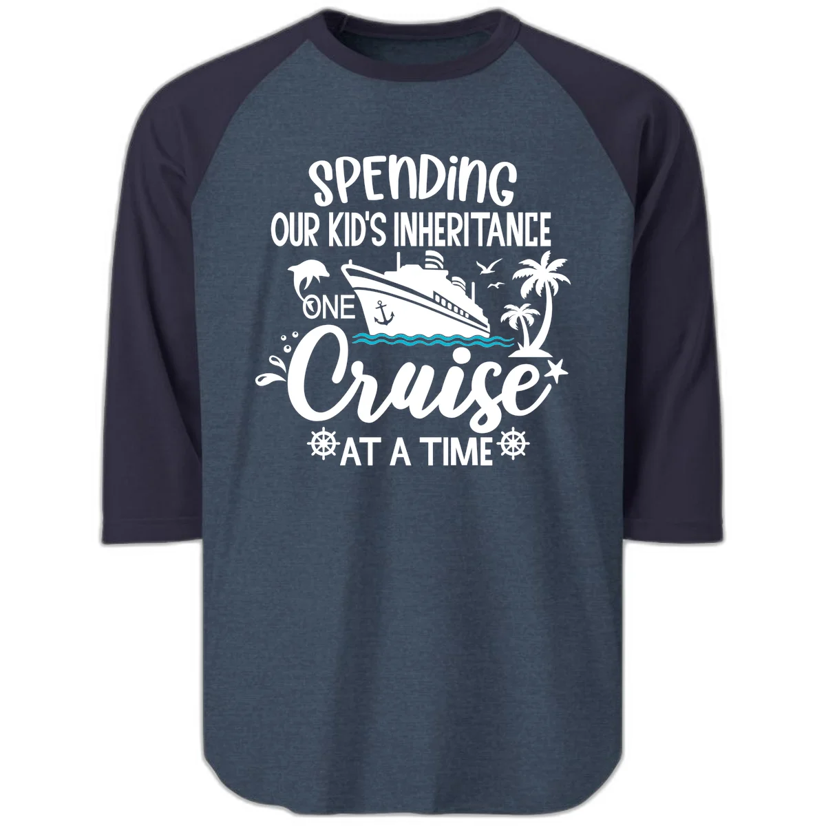 One Cruise At A Time Inheritance Raglan 3/4 in Heather Denim Navy