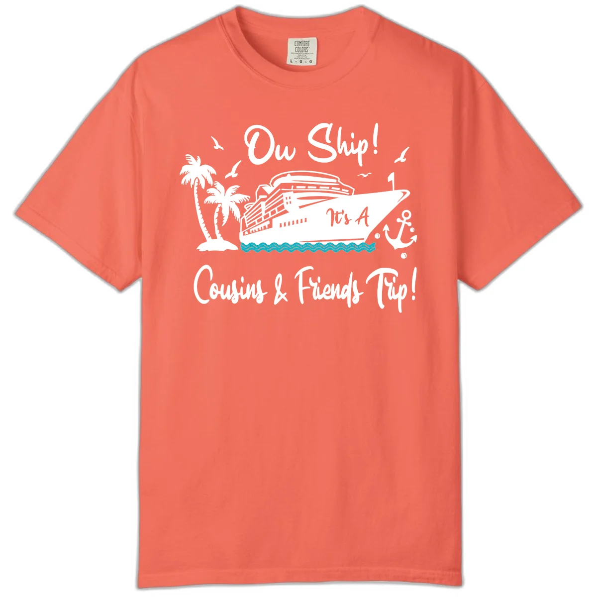 Ow Ship Cousins & Friends Trip Comfort Color Tee in Bright Salmon
