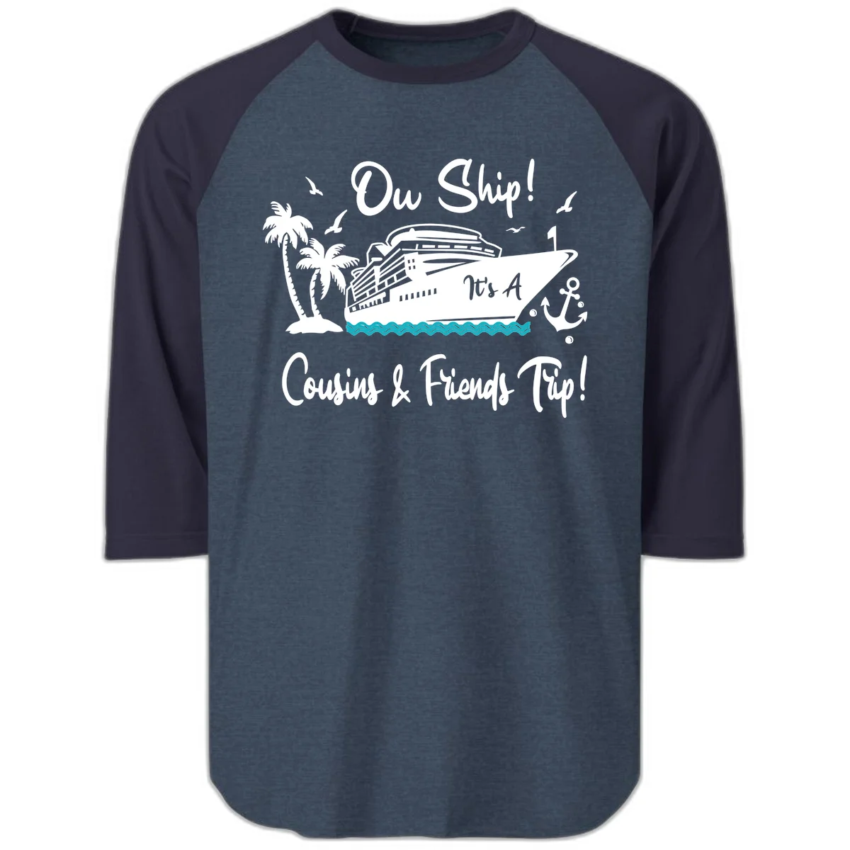 Ow Ship Cousins & Friends Trip Raglan 3/4 Tee in Heather Denim Navy
