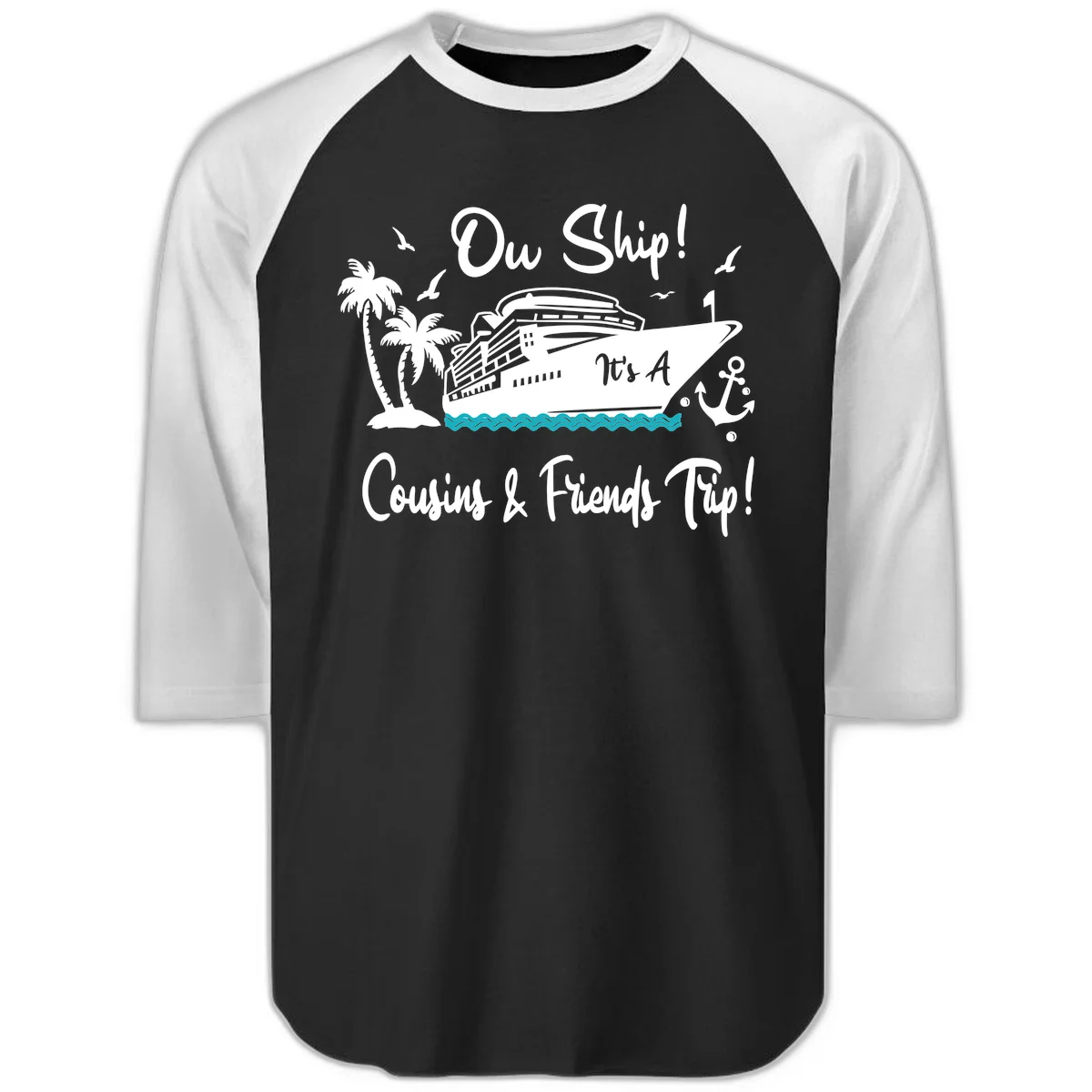 Ow Ship Cousins & Friends Trip Raglan 3/4 Tee in Black White