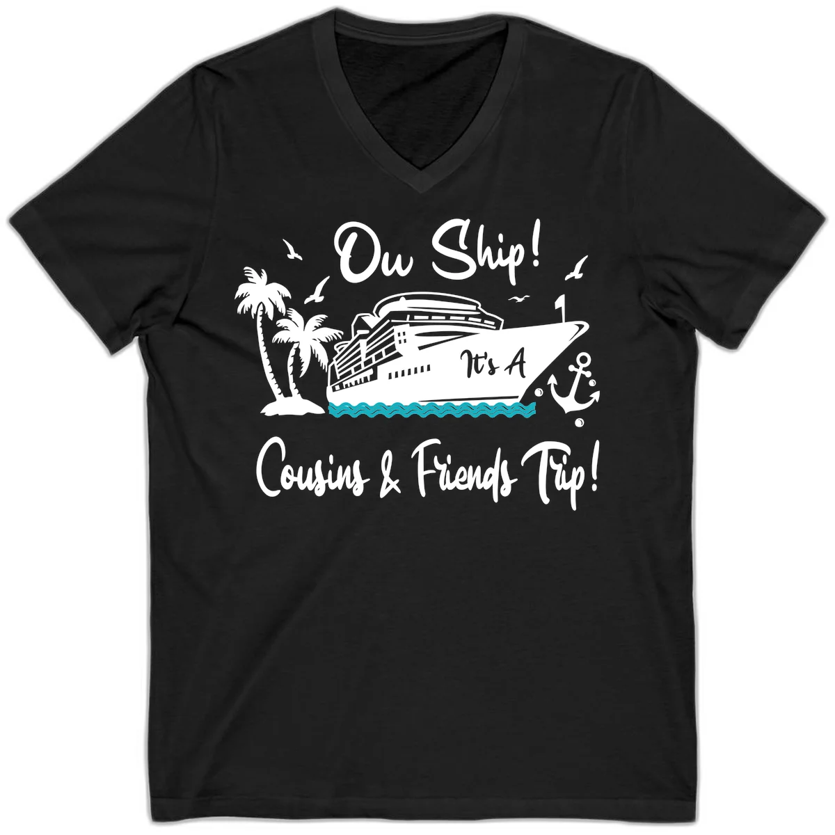 Ow Ship Cousins & Friends Trip V-Neck Tee in Black