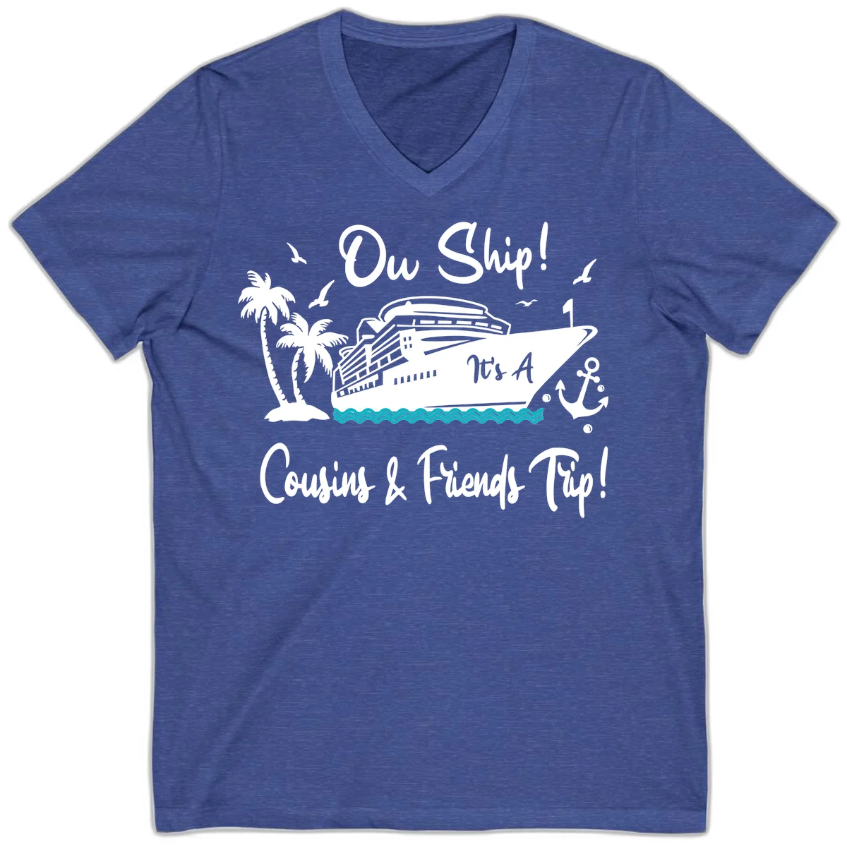 Ow Ship Cousins & Friends Trip V-Neck Tee in Heather True Royal