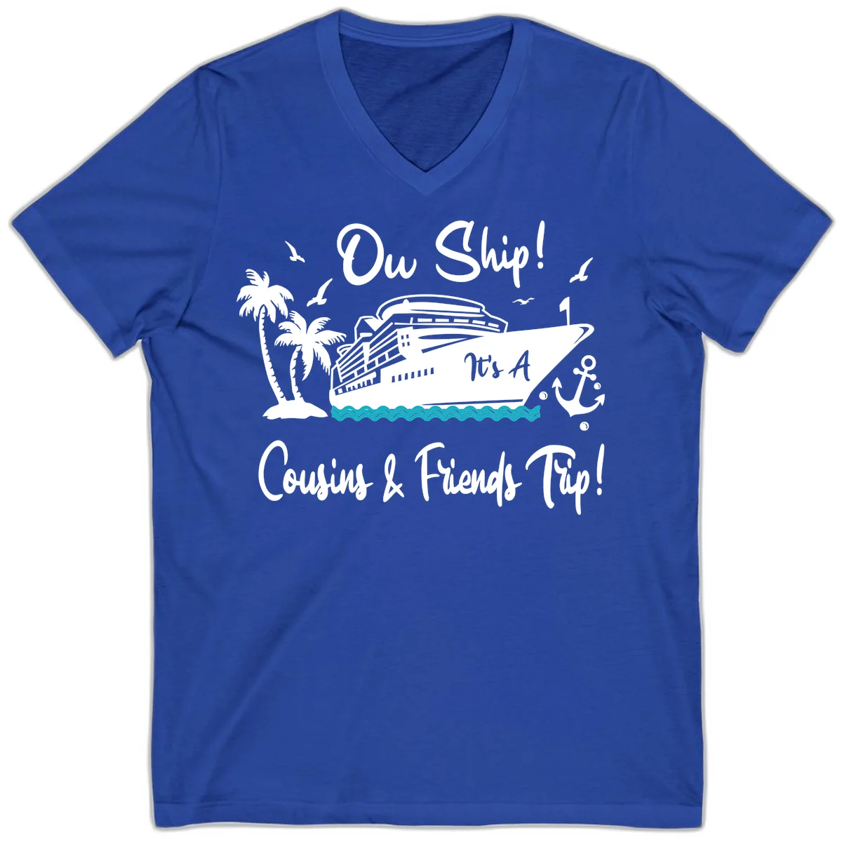 Ow Ship Cousins & Friends Trip V-Neck Tee in True Royal