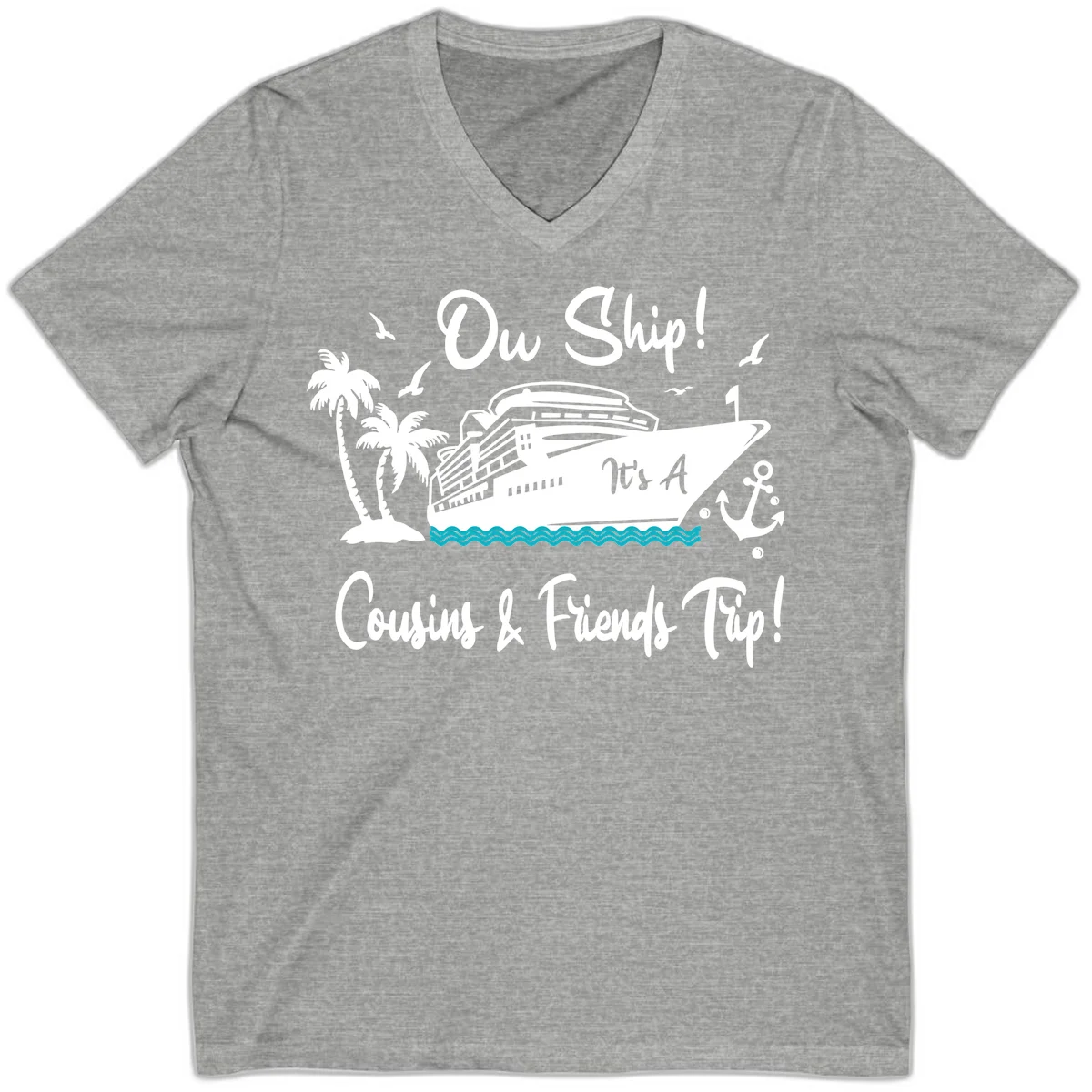 Ow Ship Cousins & Friends Trip V-Neck Tee in Athletic Heather