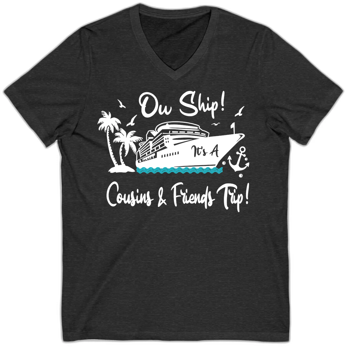 Ow Ship Cousins & Friends Trip V-Neck Tee in Dark Grey Heather