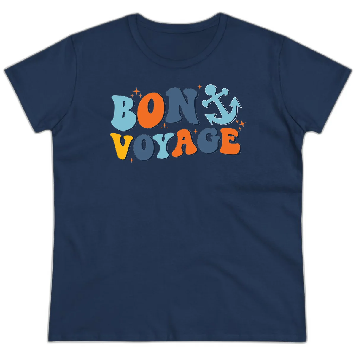 Bon Voyage Anchor Ladies Tee: Fun Cruise Vacation Style! in Navy
