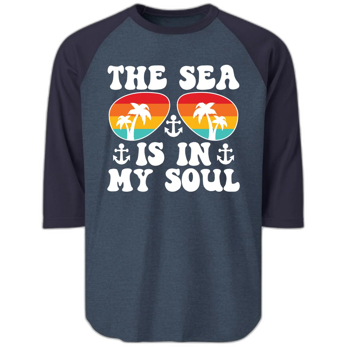 The Sea Is In My Soul Raglan 3/4 Tee in Heather Denim Navy