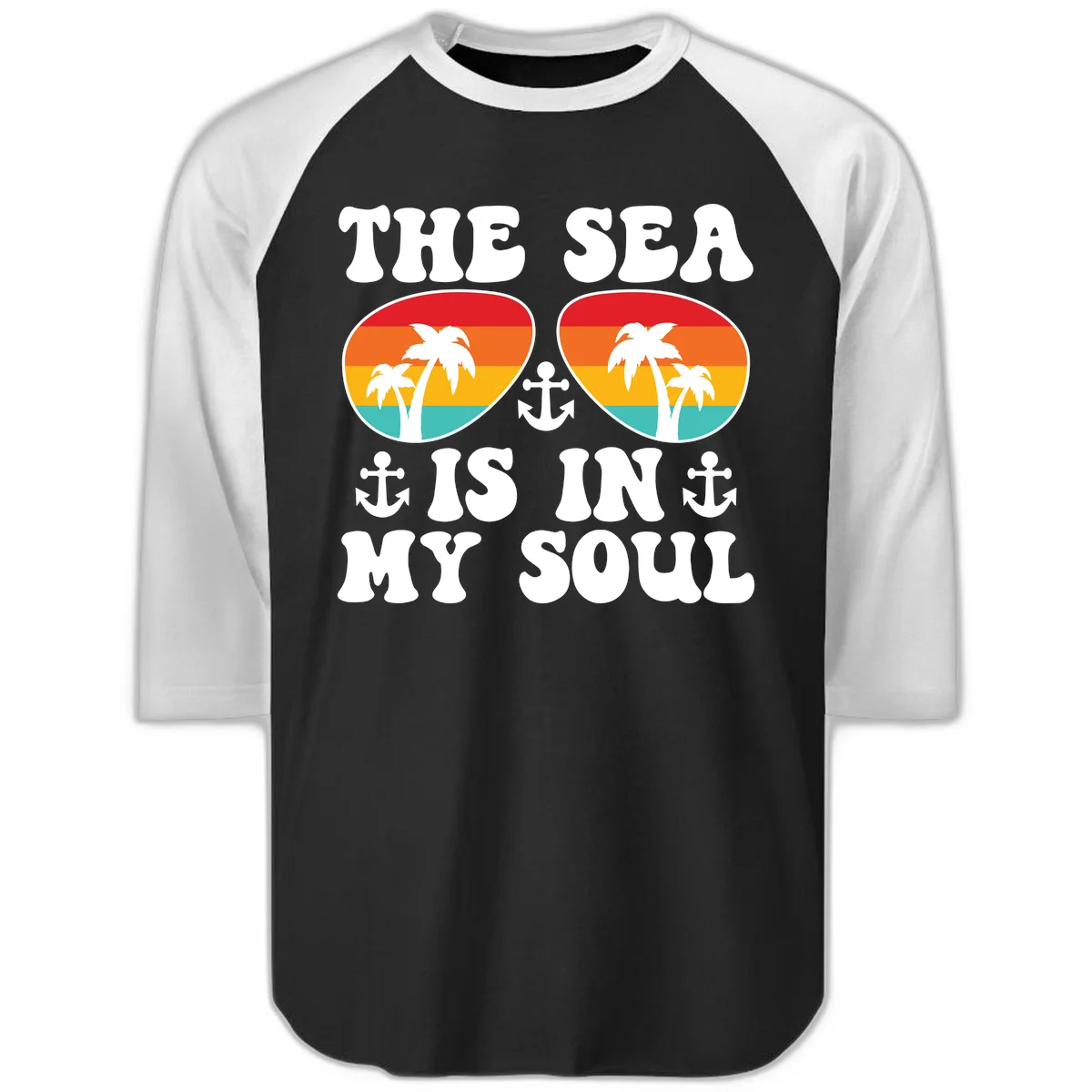 The Sea Is In My Soul Raglan 3/4 Tee in Black White