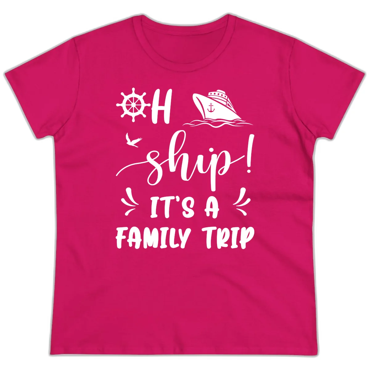 Ahoy Ship It's A Family Trip Ladies Tee in Heliconia