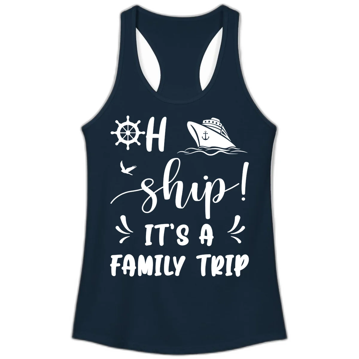 Ahoy Ship It's A Family Trip Ladies Tank in Solid Midnight Navy
