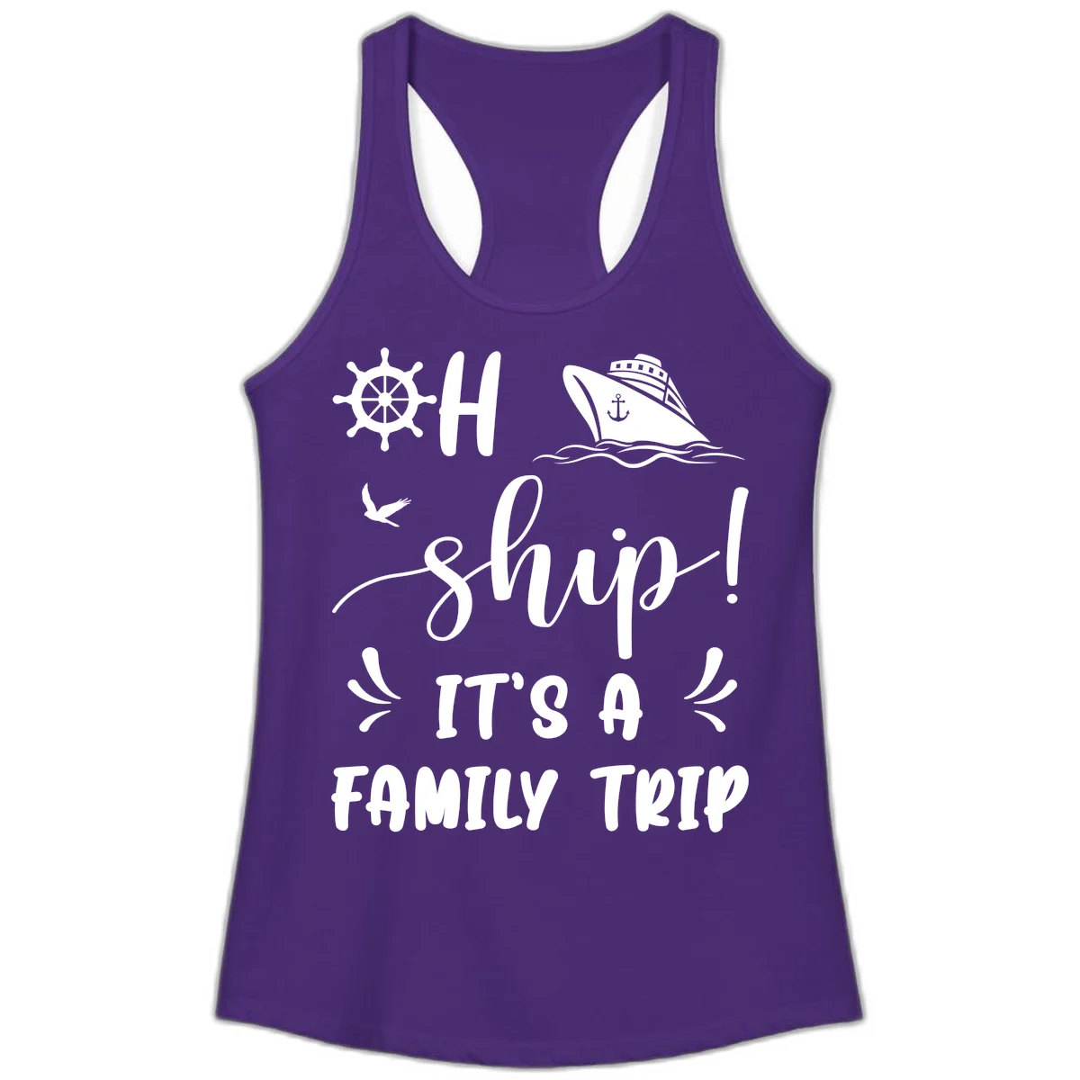Ahoy Ship It's A Family Trip Ladies Tank in Solid Purple Rush