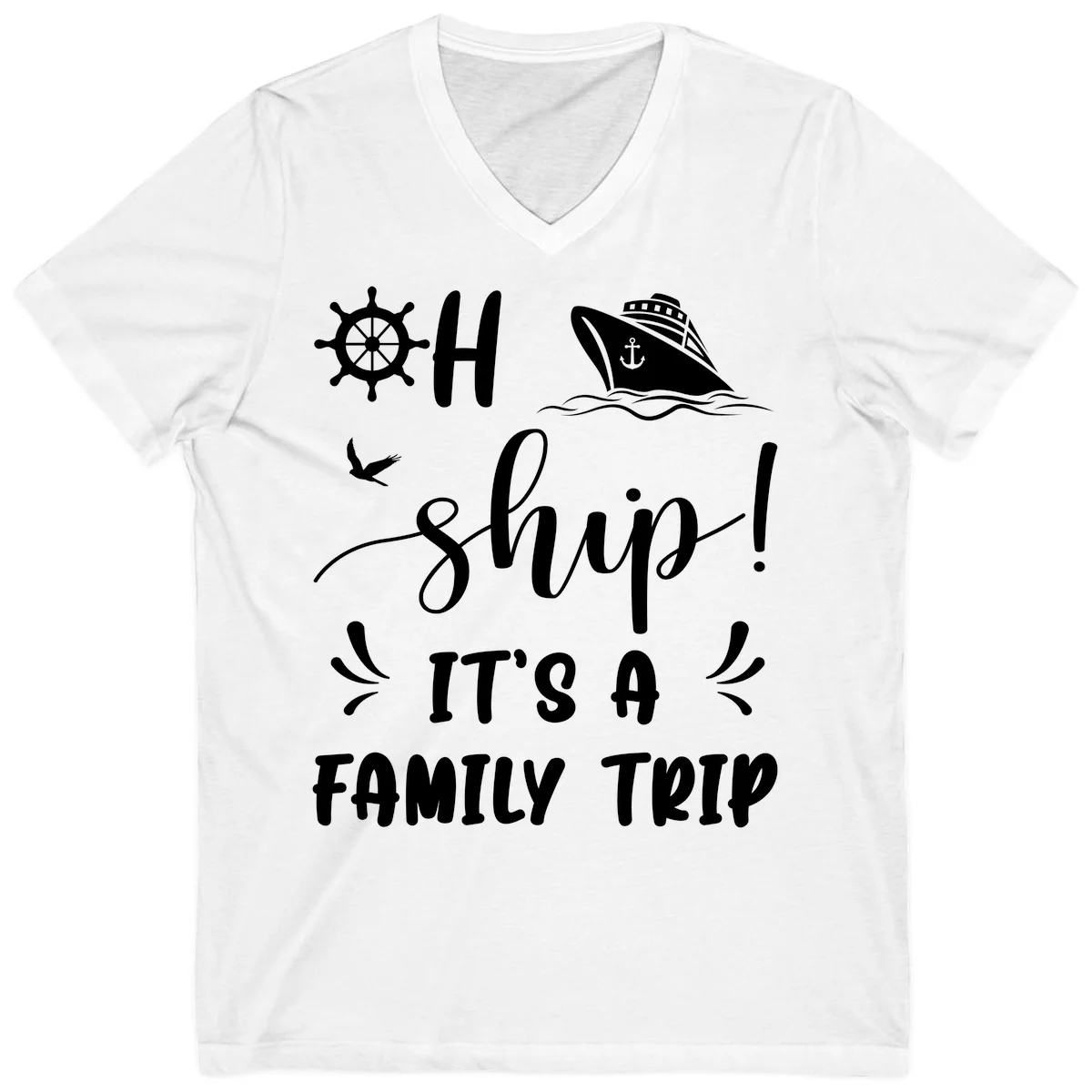 Ahoy Ship It's A Family Trip V-Neck in White