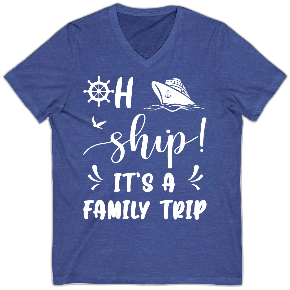 Ahoy Ship It's A Family Trip V-Neck in Heather True Royal
