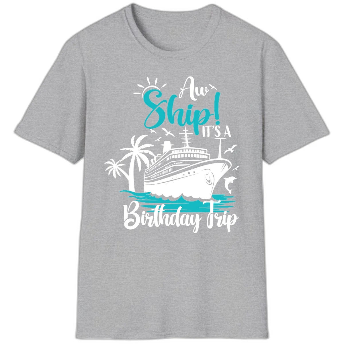 Aw Ship It's A Birthday Trip Cruise T-Shirt in Sport Grey