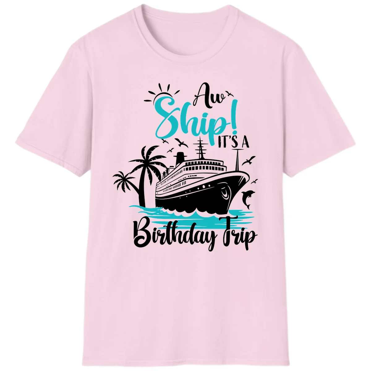 Aw Ship It's A Birthday Trip Cruise T-Shirt in Light Pink