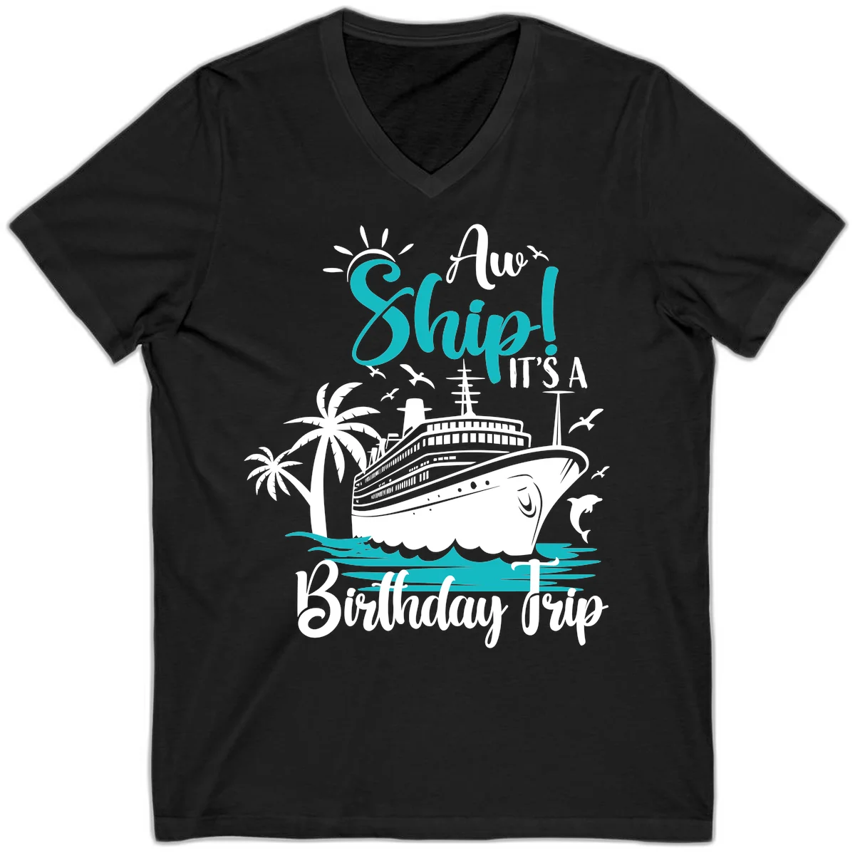 Aw Ship It's A Birthday Trip V-Neck Tee in Black