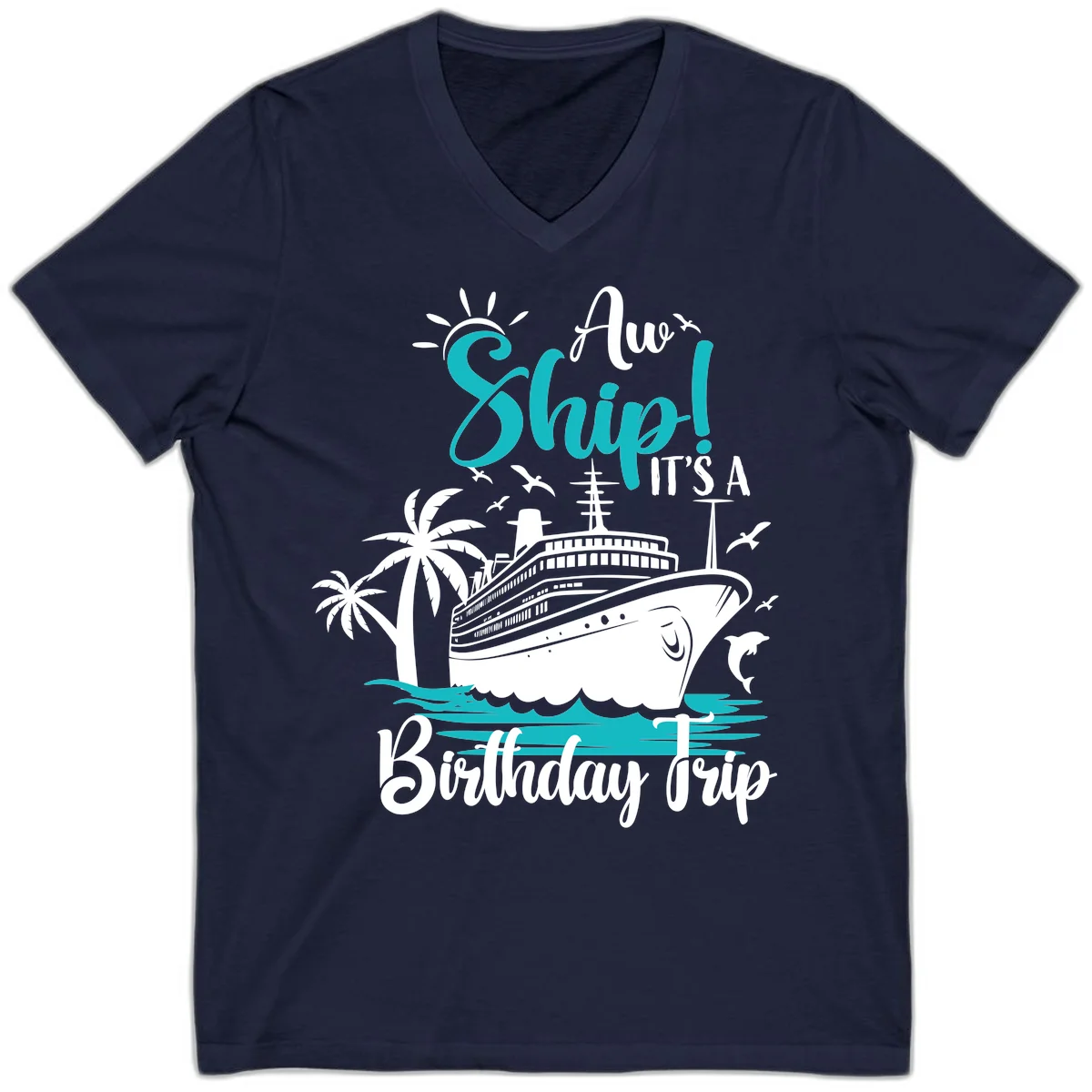 Aw Ship It's A Birthday Trip V-Neck Tee in Navy