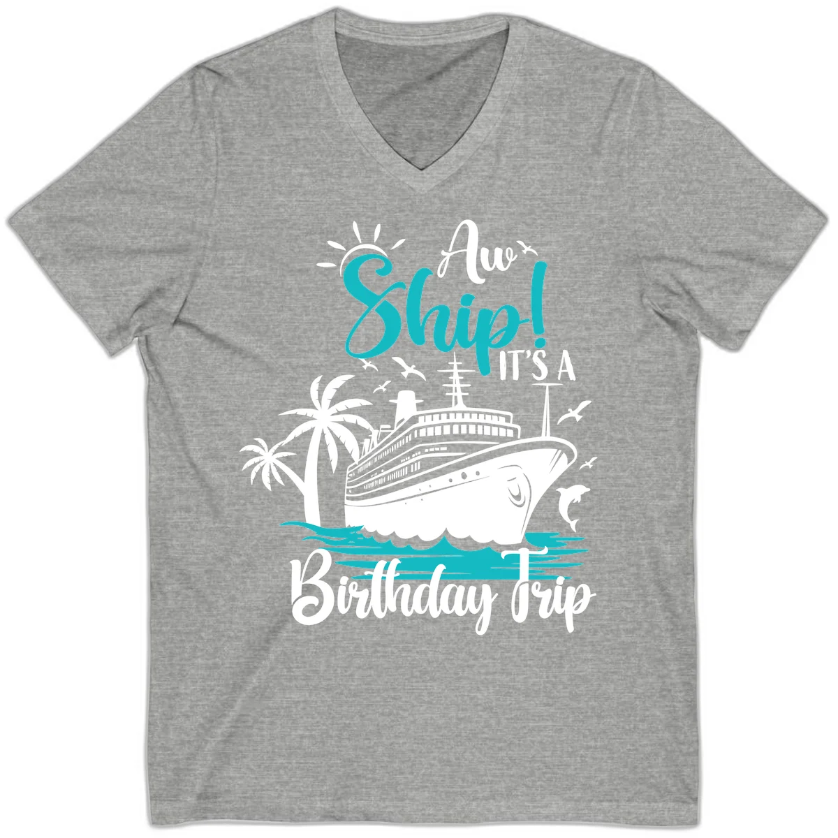 Aw Ship It's A Birthday Trip V-Neck Tee in Athletic Heather