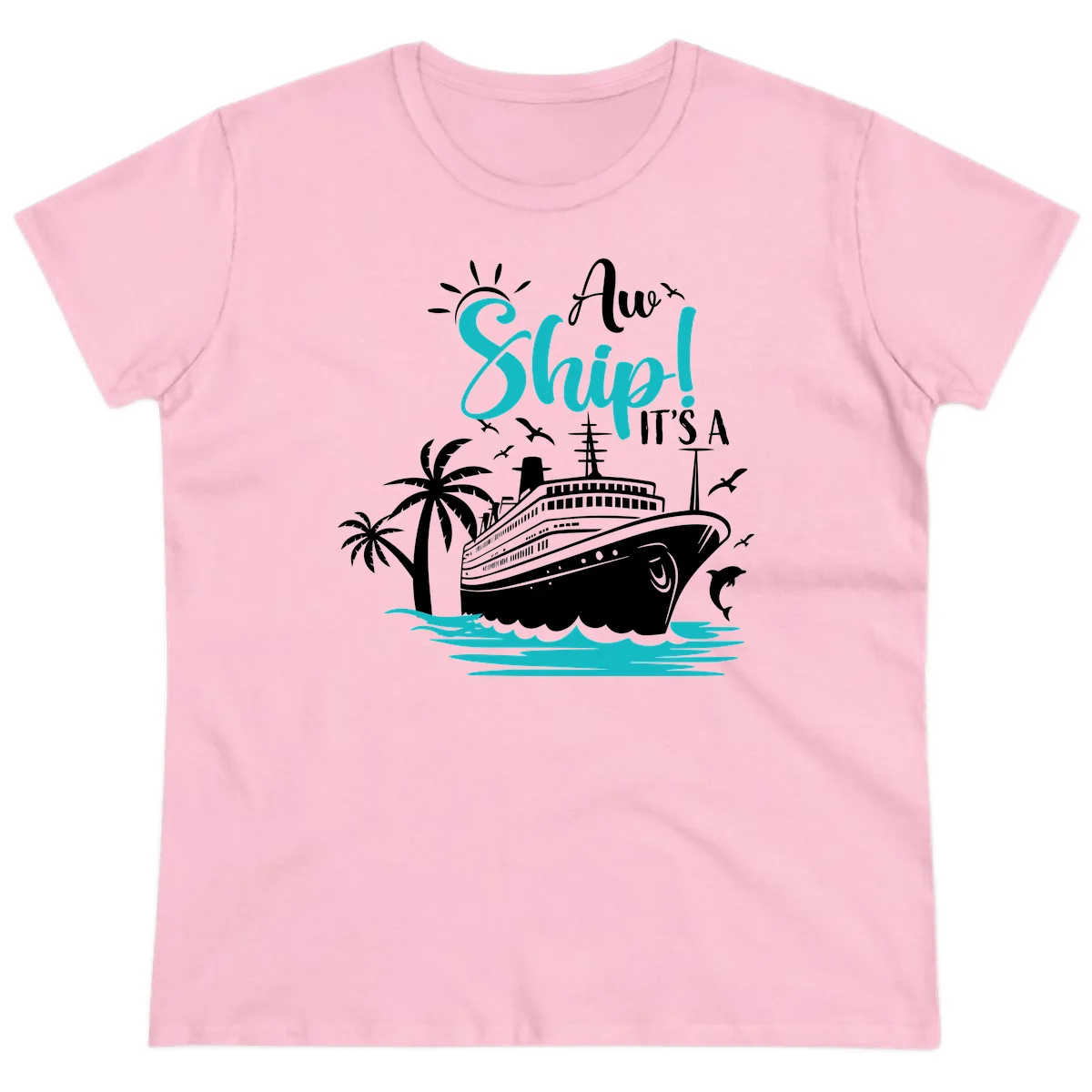 Aw Ship It's A Cruise Funny Ladies Vacation Tee in Light Pink