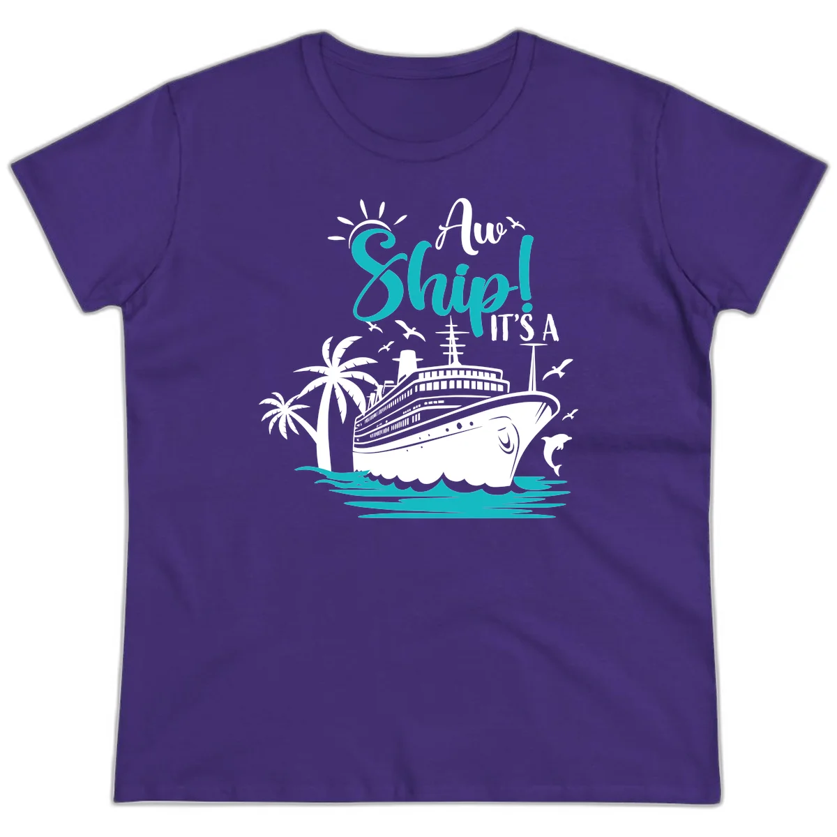 Aw Ship It's A Cruise Funny Ladies Vacation Tee in Purple