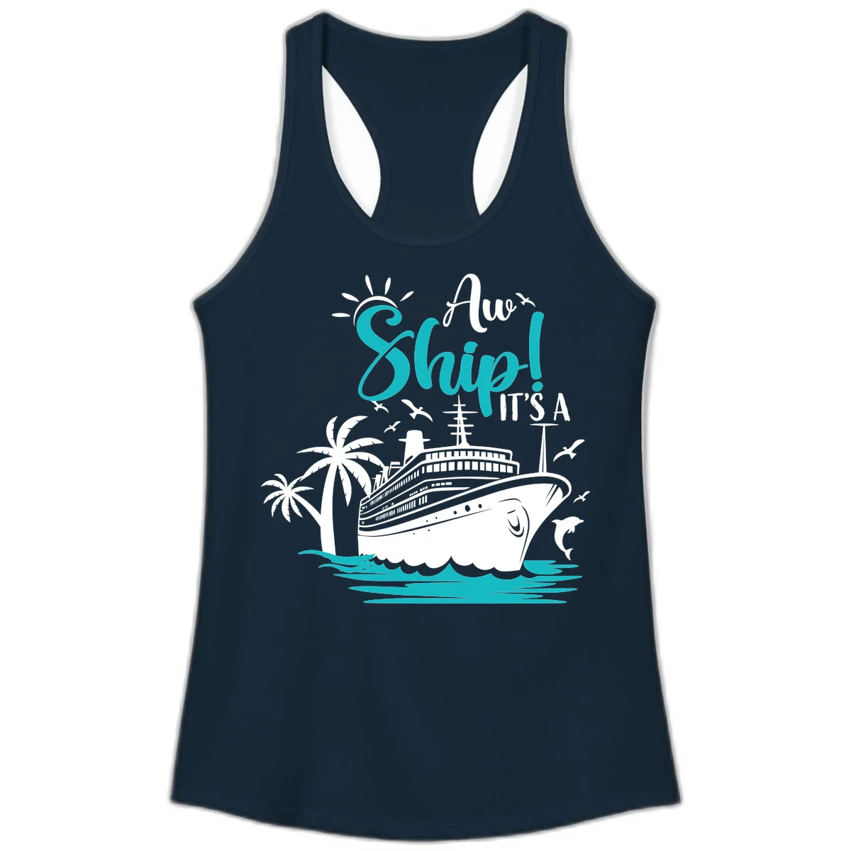 Aw Ship It's A Cruise Funny Ladies Tank Top in Solid Midnight Navy