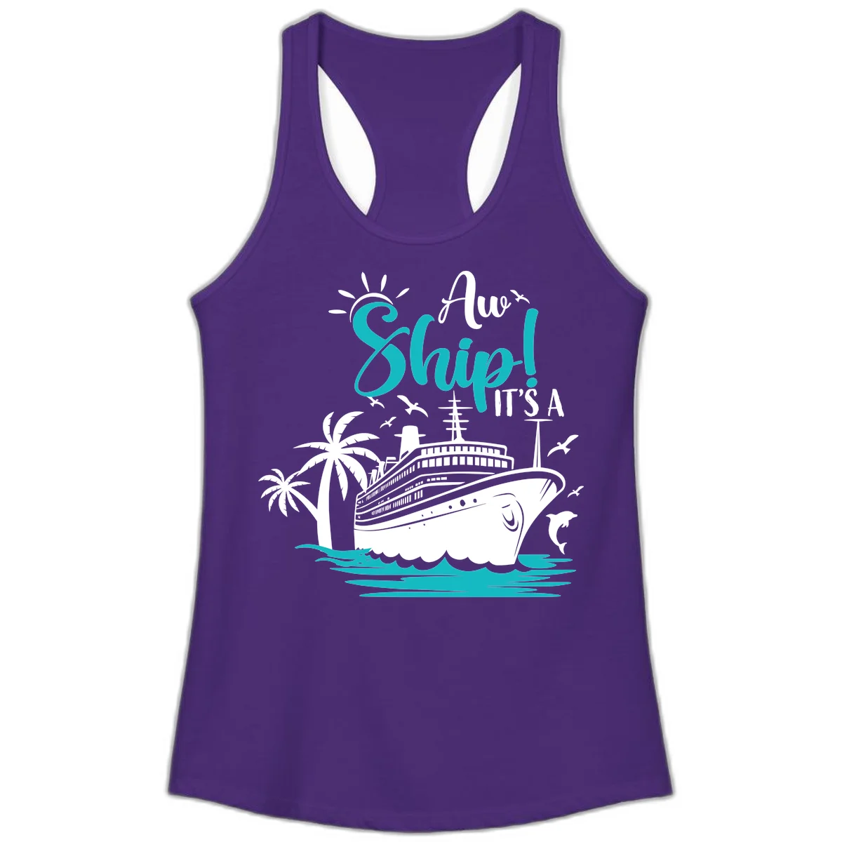 Aw Ship It's A Cruise Funny Ladies Tank Top in Solid Purple Rush