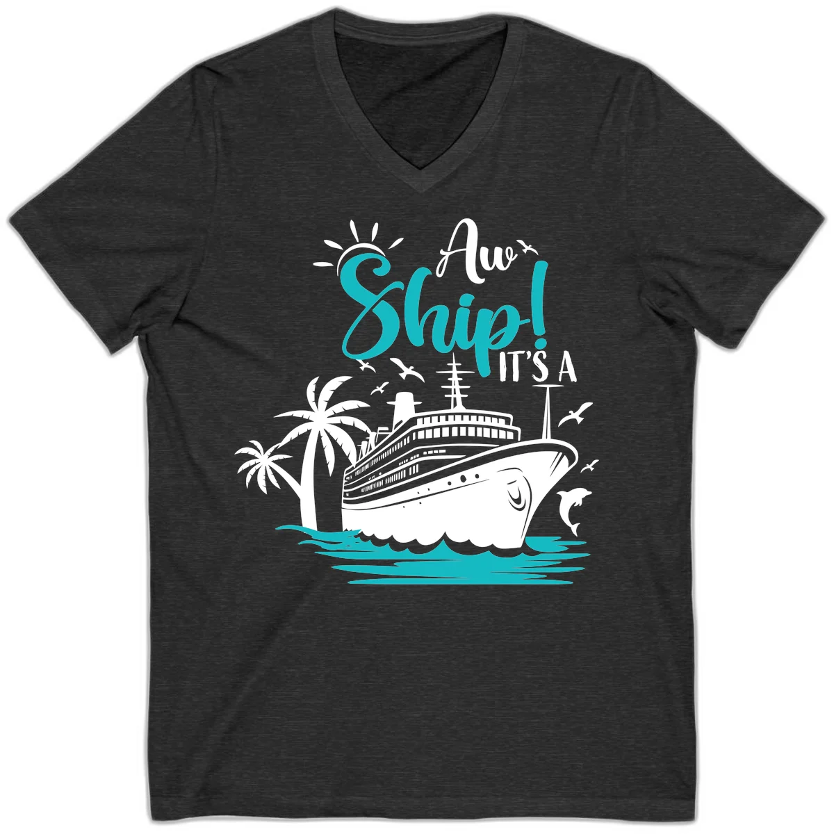 Aw Ship It's A Cruise Funny V-Neck T-Shirt in Dark Grey Heather