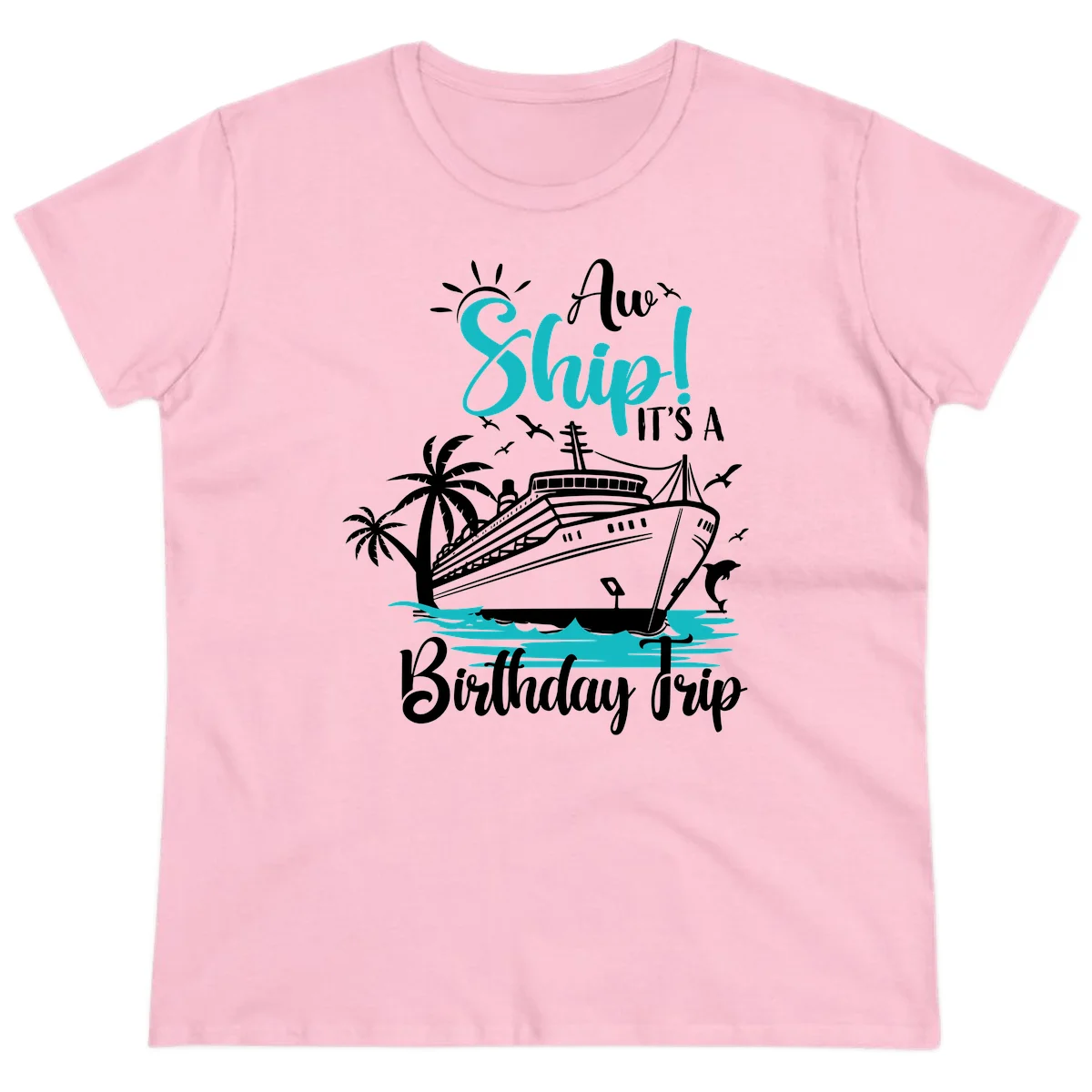 Ahoy Ship It's A Birthday Trip Ladies Tee in Light Pink