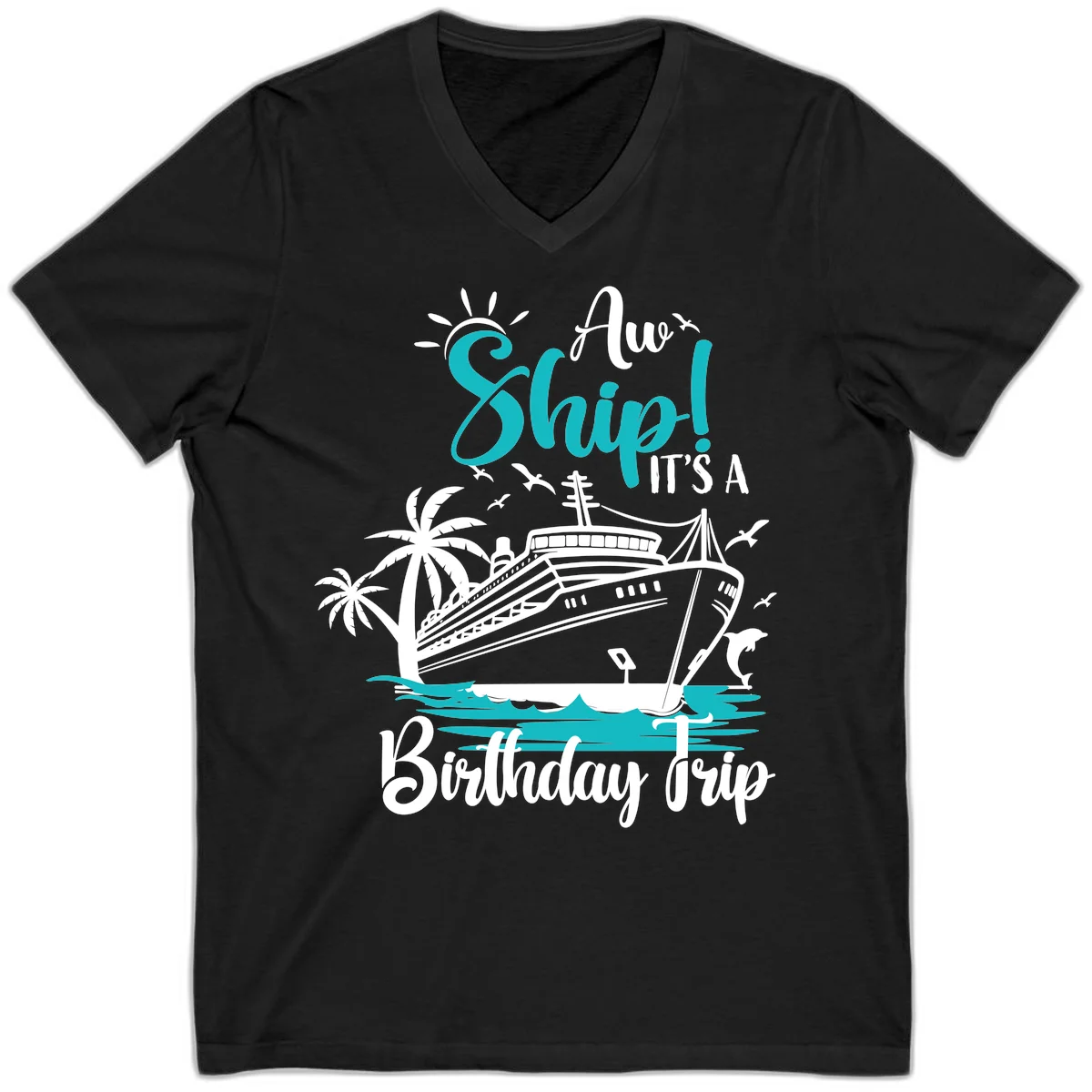 Ahoy Ship It's A Birthday Trip V-Neck in Black