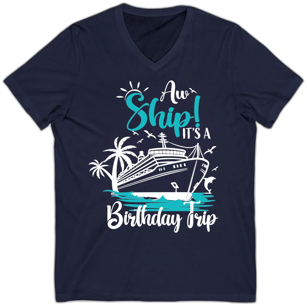 Ahoy Ship It's A Birthday Trip V-Neck in Navy