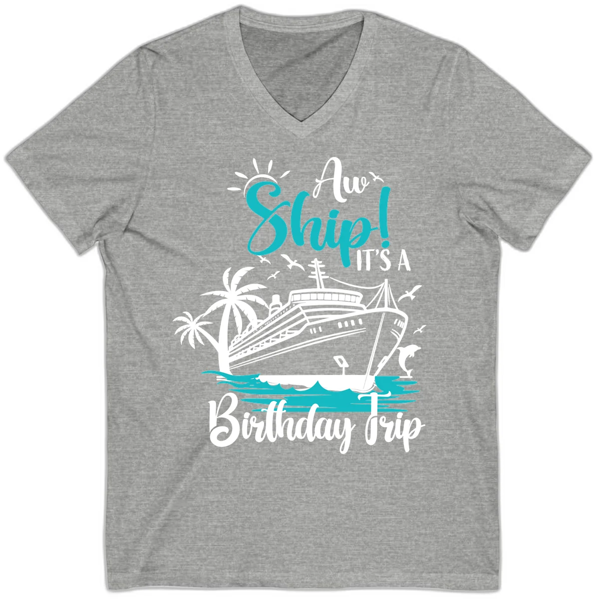 Ahoy Ship It's A Birthday Trip V-Neck in Athletic Heather